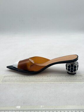 Tang'scuisins Brown Sexy Open Toe Mule Sandals Slip on Studded Mid Heels Shoes